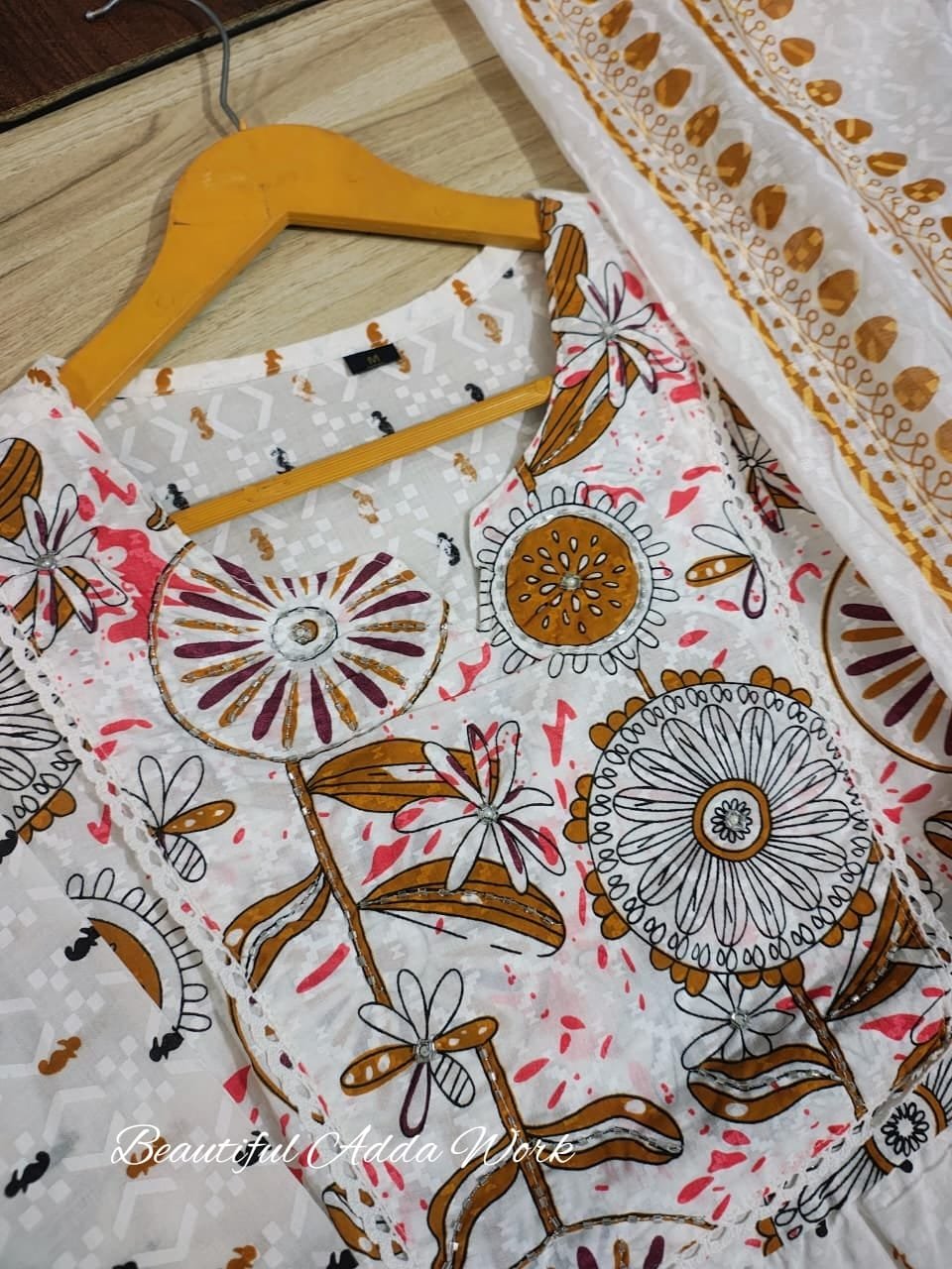 White Cotton A-Line Kurti Set